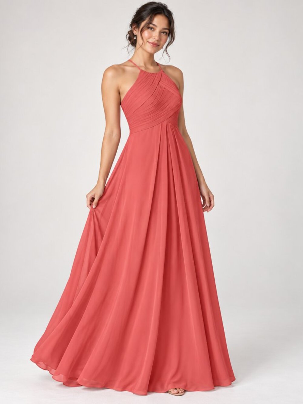 Azazie Antique Rose Halter Chiffon Maxi Dress Pleated Bridesmaid Formal